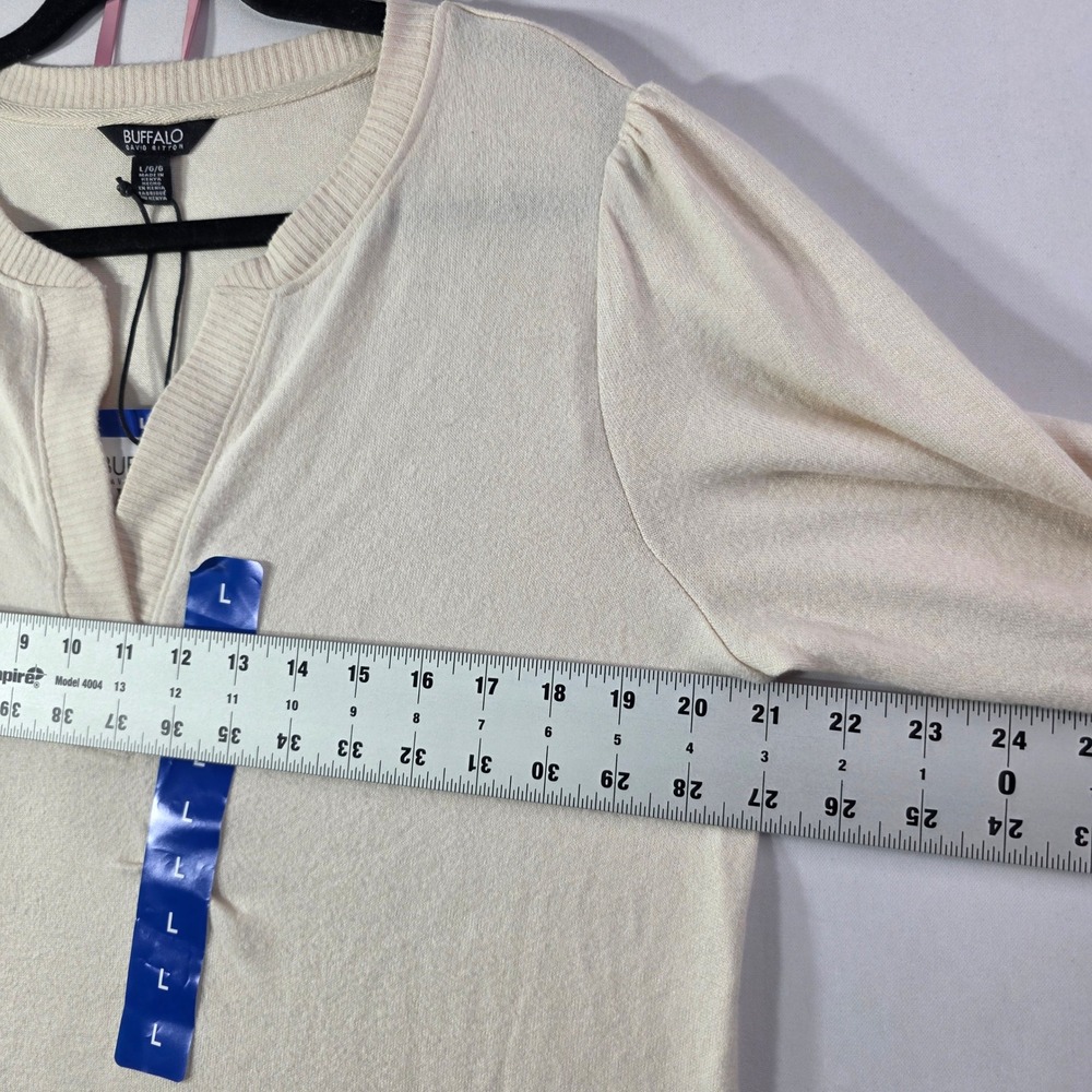 Buffalo David Bitton Cream Split Neck Puff Sleeve Knit Top Large NEW - Picture 3 of 12